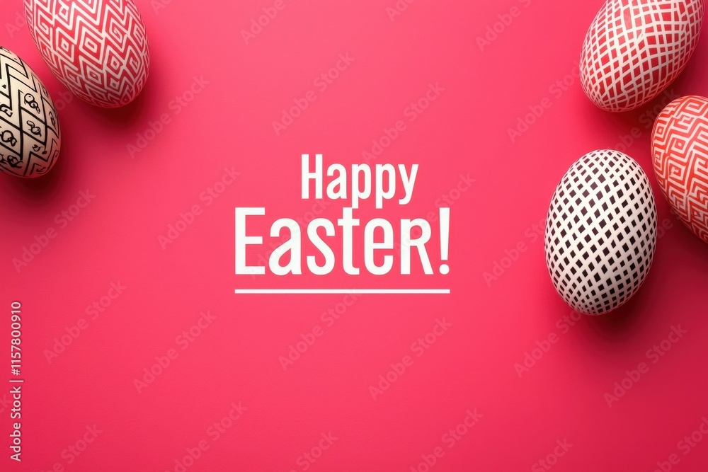 Brightly colored easter eggs are displayed on a vivid pink surface, showcasing intricate patterns. The message Happy Easter! adds a cheerful touch to the festive setting.