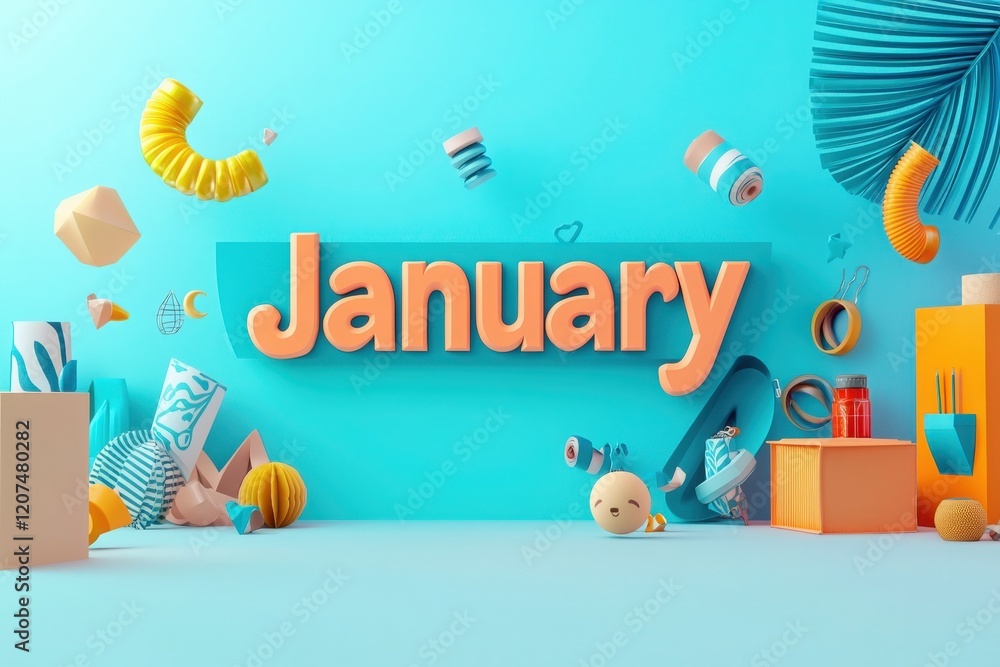 Brightly colored elements are arranged around the bold word January, featuring playful shapes and textures, creating an energetic atmosphere that captures the spirit of winter.