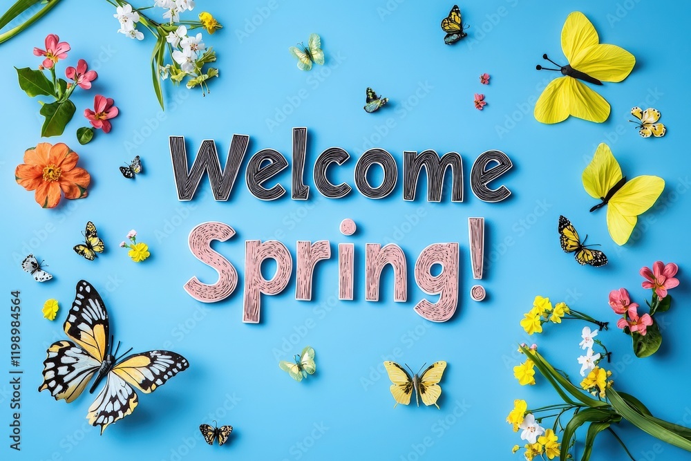 Brightly colored flowers and butterflies are creatively arranged against a blue background, celebrating the arrival of spring. The cheerful display invites viewers to embrace the season.