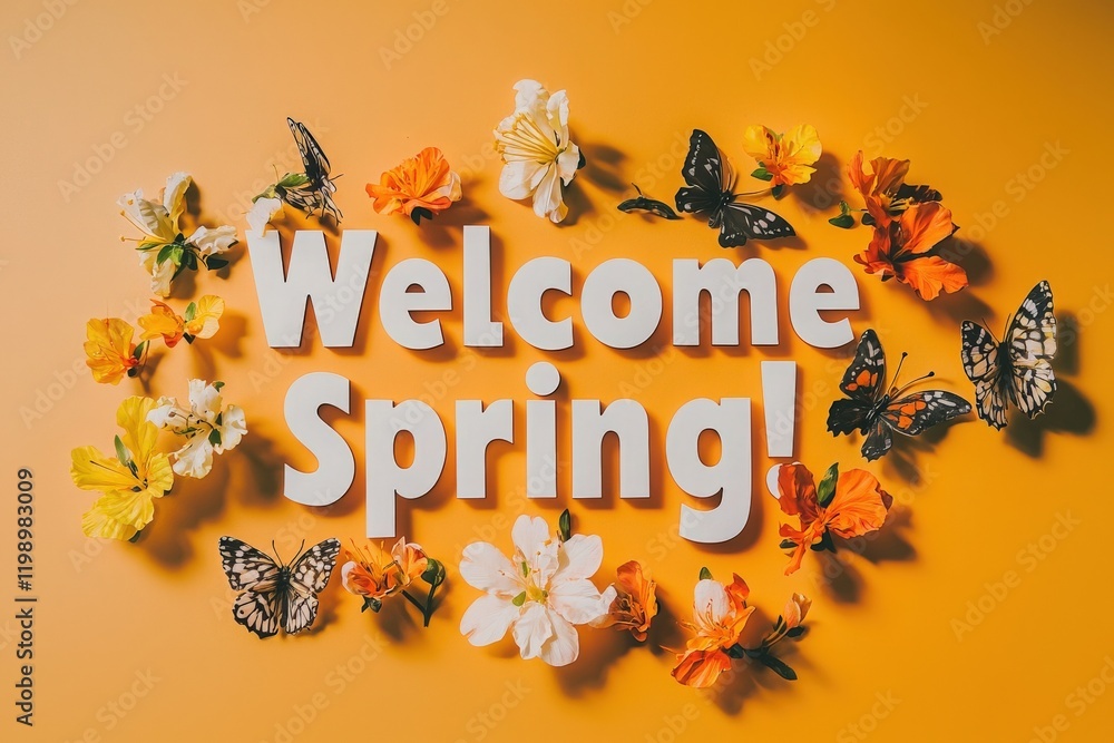 Brightly colored flowers and butterflies surround the cheerful words ?Welcome Spring on a sunny yellow background. This display celebrates the joy and beauty of the spring season.