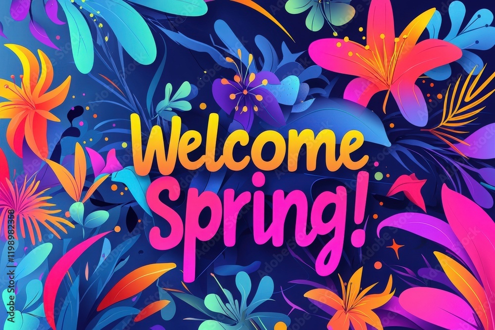 Brightly colored flowers and leaves create a joyful atmosphere, highlighting the beauty of spring. The artwork emphasizes welcoming the season with vivid hues and lively patterns.
