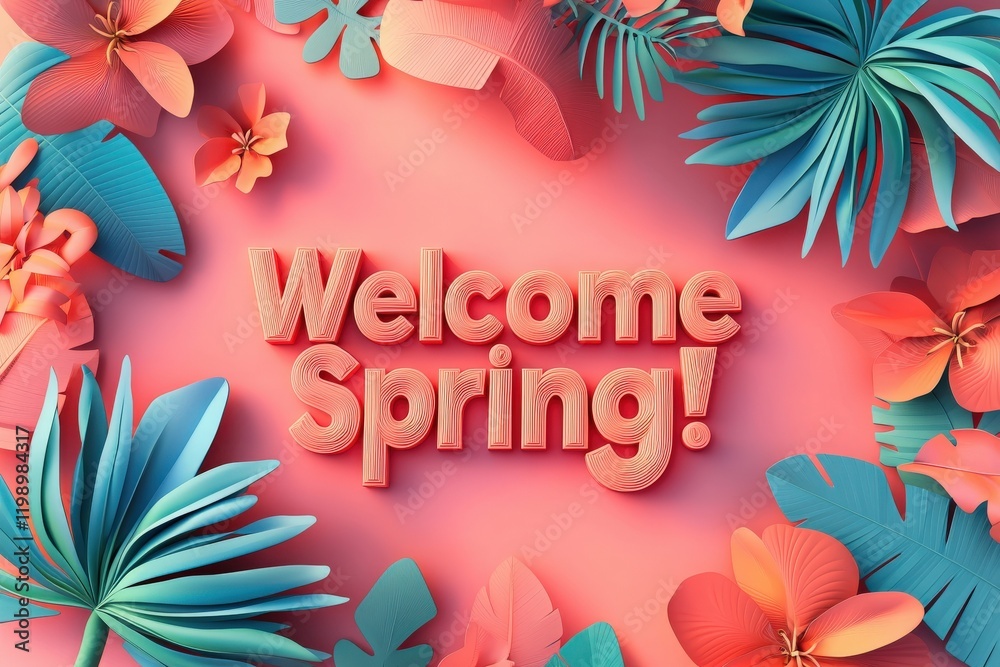 Brightly colored flowers and tropical leaves frame a cheerful spring greeting. The lively design celebrates the arrival of spring with a festive atmosphere perfect for any seasonal event.
