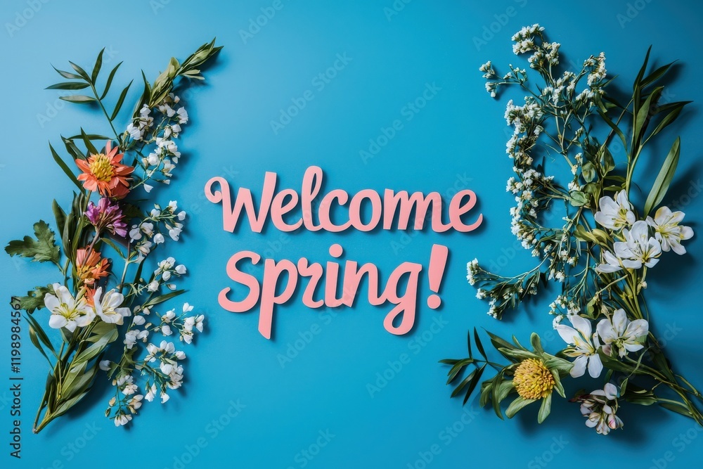 Brightly colored flowers frame a greeting that celebrates the arrival of spring, set against a calming blue backdrop. This composition exudes a fresh and inviting atmosphere.
