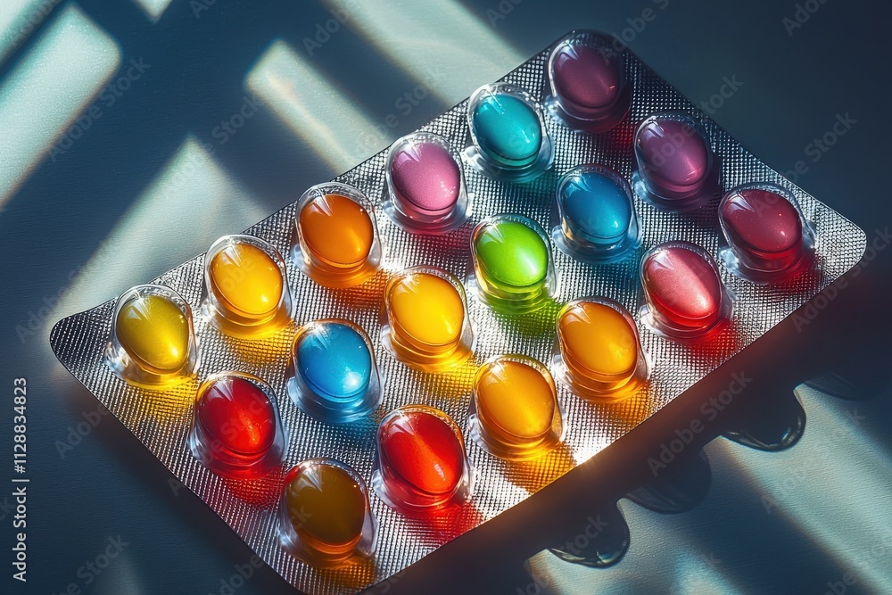 Brightly colored gel capsules in a blister pack catch the morning light, creating a playful display of vivid hues. The contrast of colors and shadows adds depth and interest to the setup.