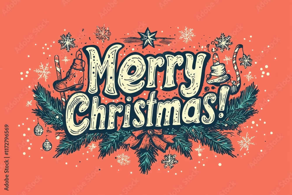 Brightly colored greeting features the words Merry Christmas surrounded by winter elements. Decor elements include snowflakes, bells, and holiday ornaments, creating a joyful atmosphere.