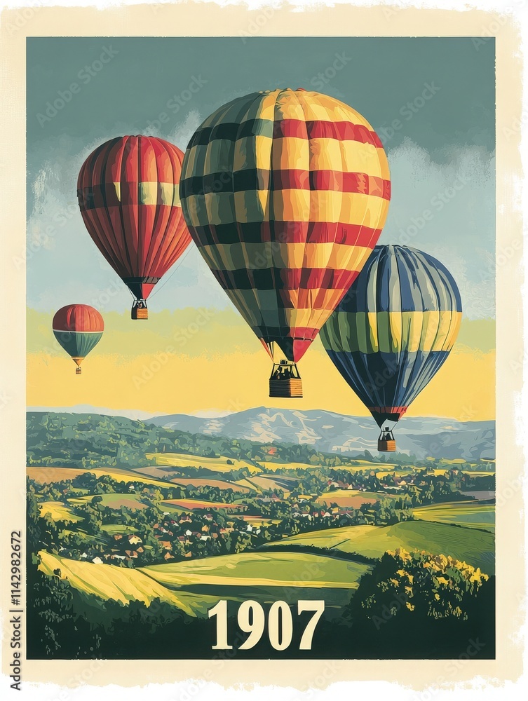 Brightly colored hot air balloons float gracefully above a lush green landscape. The sun shines on rolling hills, showcasing vibrant colors and a serene atmosphere during early morning.