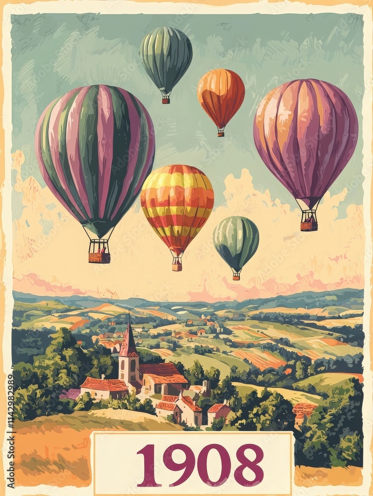Brightly colored hot air balloons float gracefully over a charming village surrounded by rolling hills and lush greenery. The scene captures the essence of exploration and adventure in 1908.