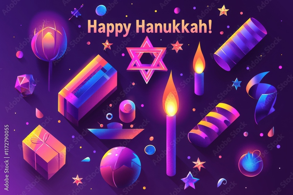 Brightly colored items associated with Hanukkah, including candles, gifts, and a star, create a festive atmosphere.
