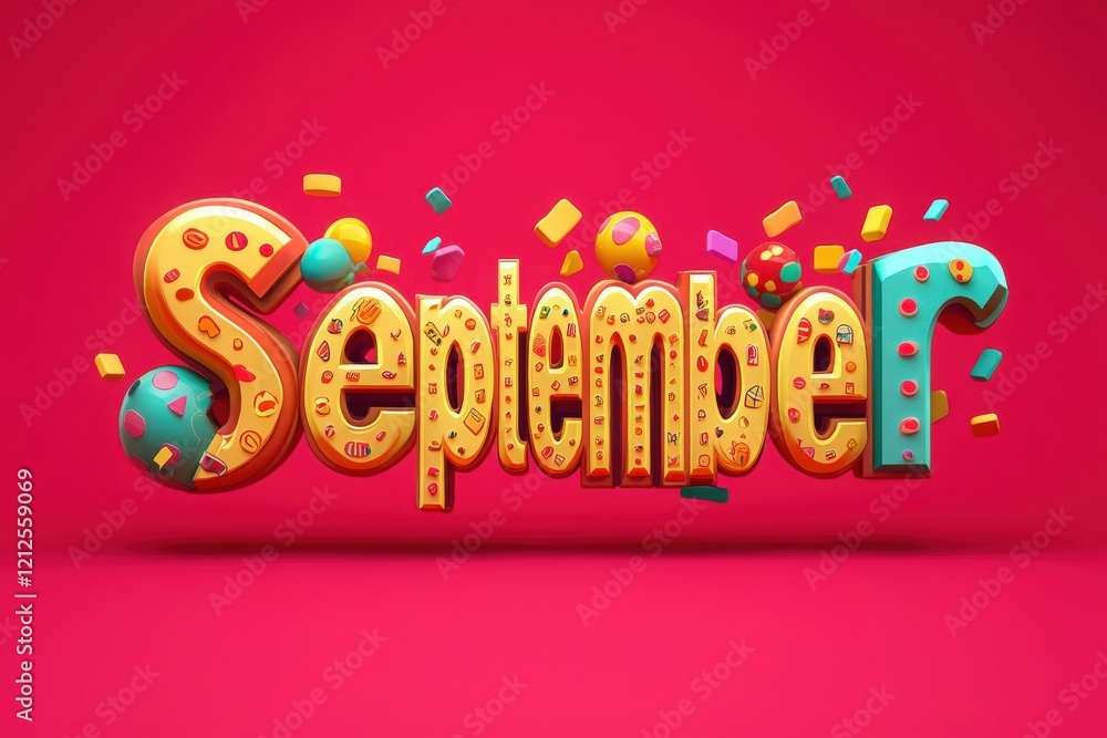 Brightly colored letters form the word September, surrounded by playful shapes and confetti. The vibrant red background enhances the festive and cheerful mood of the design, inviting celebration.