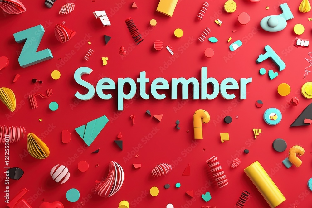 Brightly colored letters spell September amidst various geometric and playful shapes. The arrangement showcases a lively essence, perfect for welcoming autumns arrival with creativity.