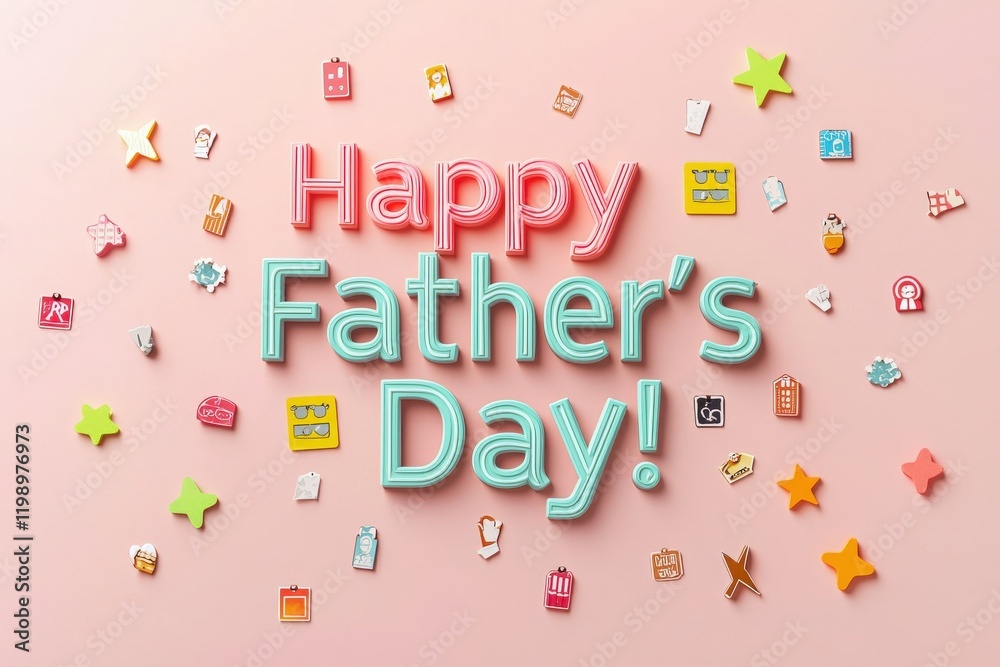 Brightly colored letters spell out Happy Fathers Day on a soft pink background. Various playful icons surround the greeting, creating a festive and joyful atmosphere perfect for the occasion.