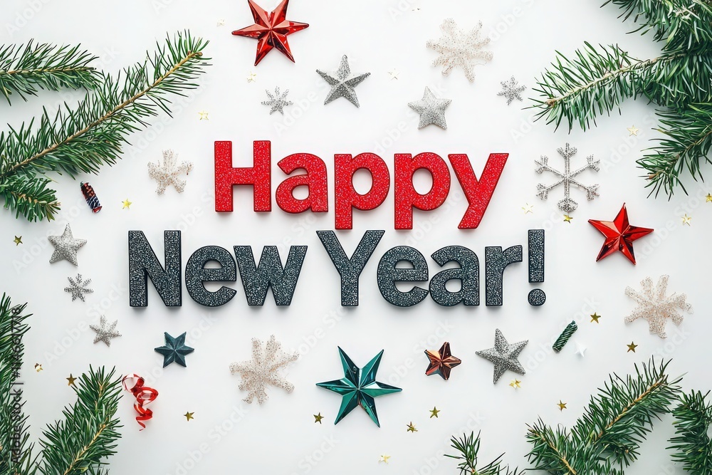 Brightly colored letters spell out Happy New Year surrounded by stars, snowflakes, and greenery, creating a cheerful atmosphere perfect for holiday celebrations and greetings.
