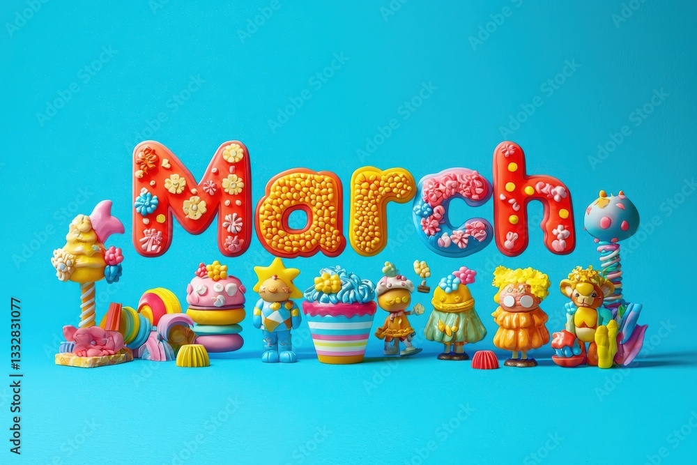 Brightly colored letters spell out March, surrounded by whimsical figures and delightful sweets, creating a festive spring vibe. The cheerful setup showcases a playful assortment of treats.