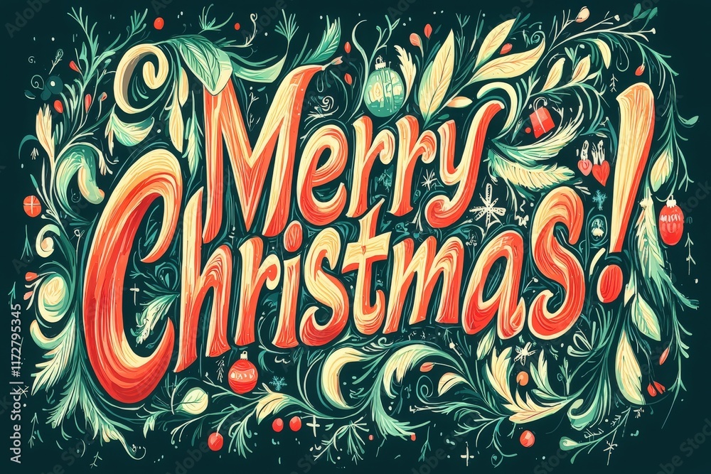 Brightly colored letters spell out Merry Christmas among lush green foliage and ornaments. The vibrant design evokes a joyful holiday spirit, perfect for seasonal decorations or greetings.