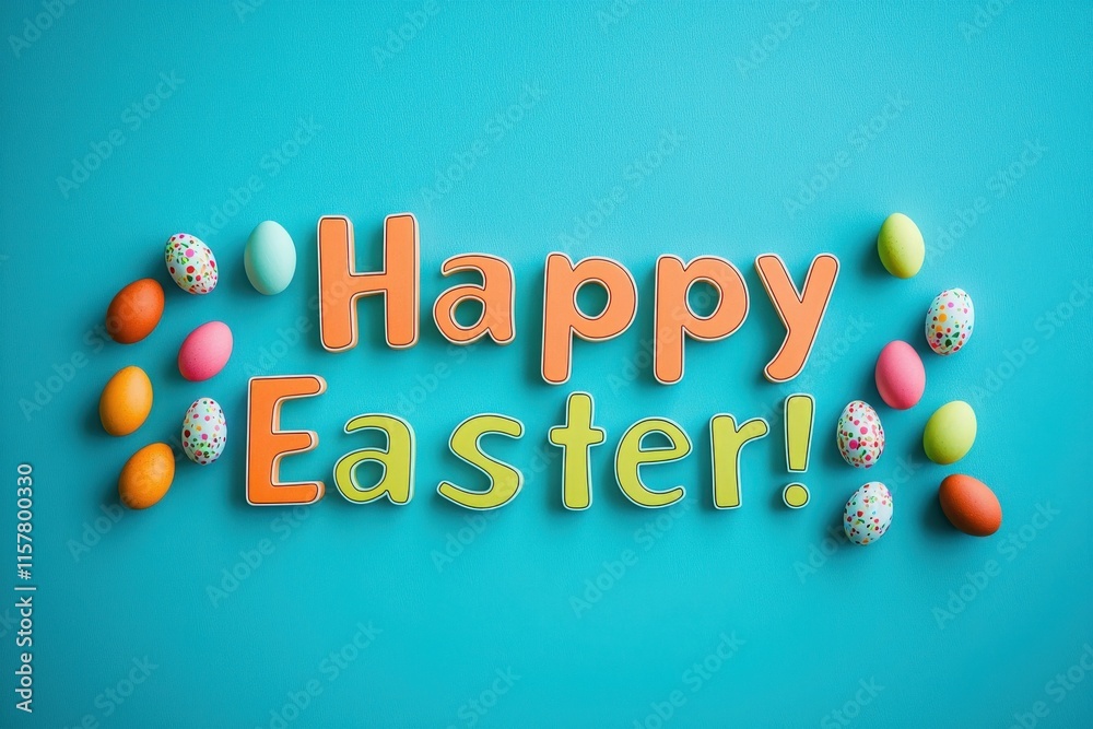 Brightly colored letters spell out a cheerful Easter greeting surrounded by decorative eggs on a vibrant blue backdrop. Perfect for celebrating the joy of the holiday.