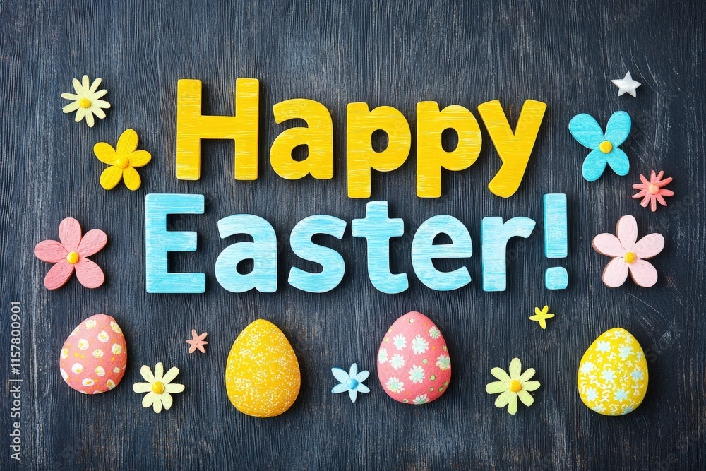 Brightly colored letters spell out a cheerful Easter greeting, surrounded by pastel flowers and patterned eggs on a dark wooden surface, creating a festive atmosphere for the holiday.