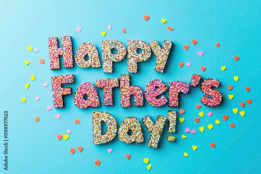 Brightly colored letters spell out a joyful message for Fathers Day, surrounded by hearts and confetti in vibrant hues. The cheerful background enhances the festive spirit of the occasion.