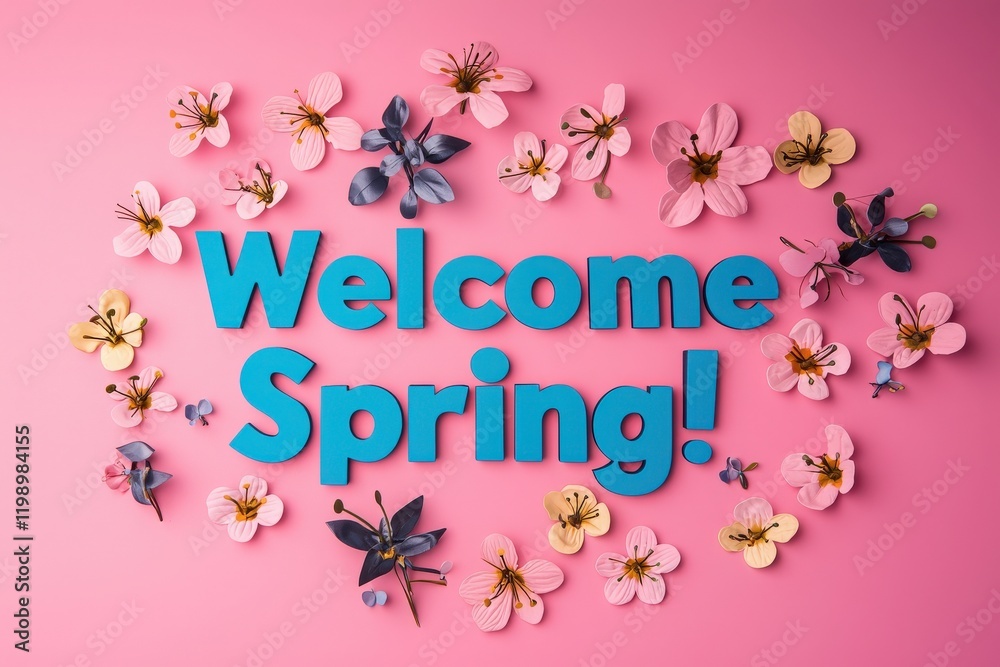 Brightly colored letters spell out a warm greeting for the spring season, surrounded by a variety of delicate flowers on a soft pink surface, celebrating the arrival of springtime.