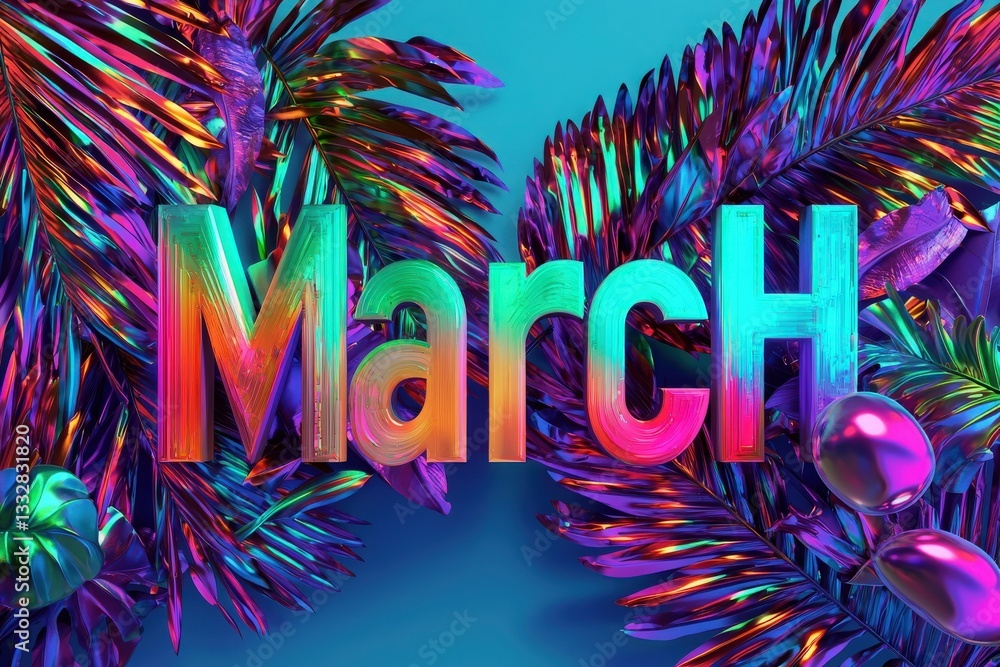 Brightly colored letters spelling March are set against a backdrop of shiny, tropical leaves. The colorful scene conveys a festive mood, celebrating the arrival of spring.