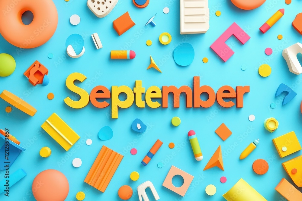 Brightly colored letters spelling September are arranged with various shapes and objects on a light blue surface. The design creates a joyful and playful atmosphere that celebrates the month.