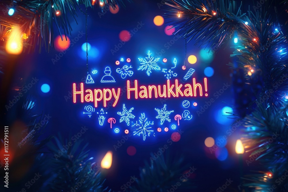 Brightly colored lights illuminate a festive display, celebrating Hanukkah with cheerful messages and decorative symbols. The vibrant setting adds to the joyous spirit of the holiday.