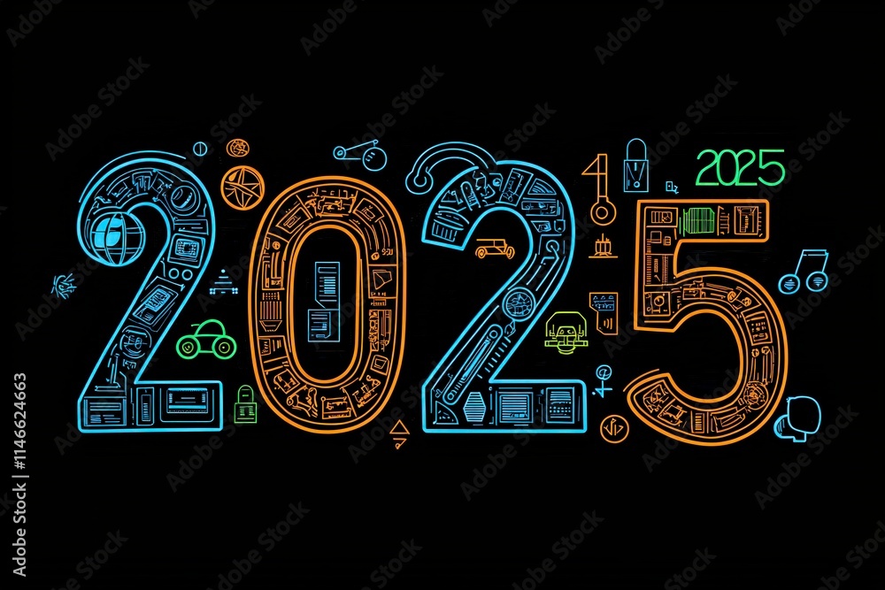 Brightly colored numbers 2025 prominently feature a variety of symbols representing technology, design, and innovation. The artwork combines elements reflecting future trends and advancements.