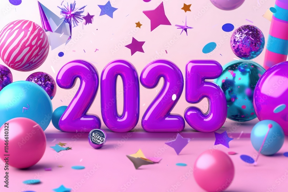Brightly colored ornaments and balloons surround the bold numbers 2025, creating a festive atmosphere for a New Years celebration. The playful design features stars and confetti.