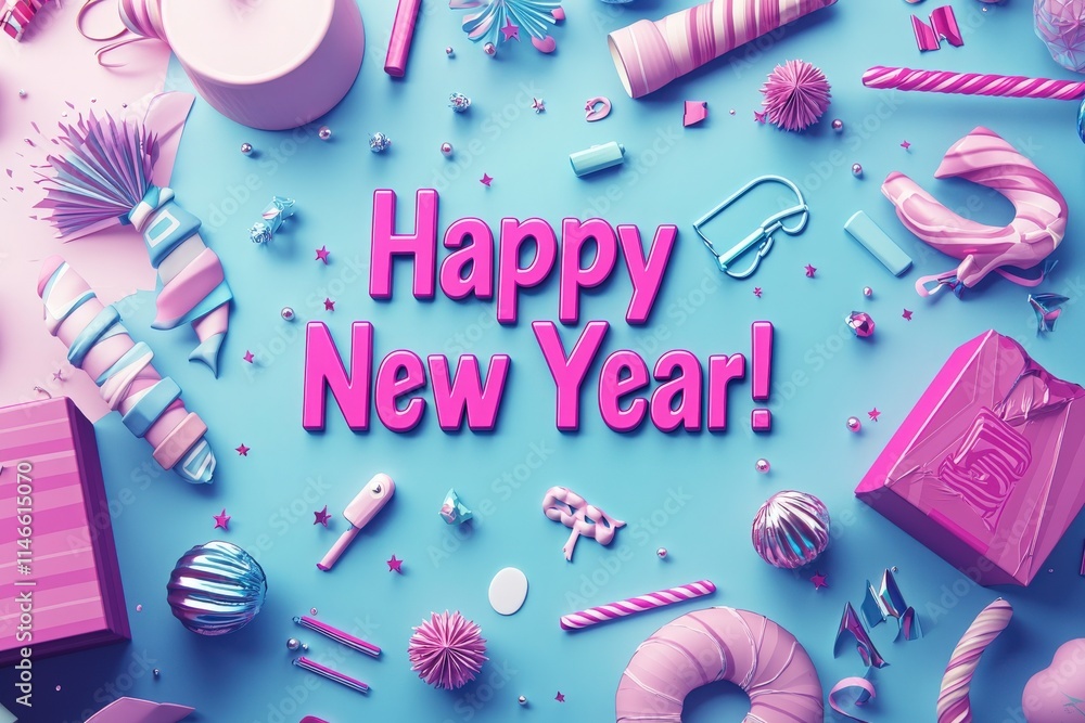 Brightly colored party decorations and gifts are spread out on a blue surface, featuring a cheerful New Year greeting. This vibrant setup reflects festive spirit and excitement.