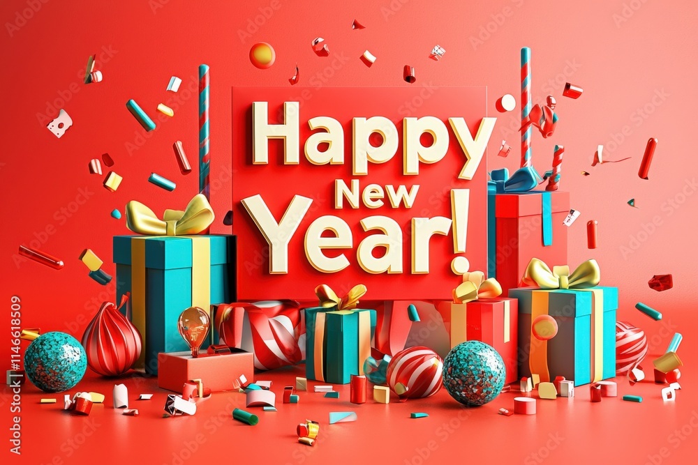 Brightly colored presents decorated with bows are surrounded by confetti and ornaments, creating a festive atmosphere perfect for ushering in the New Year.