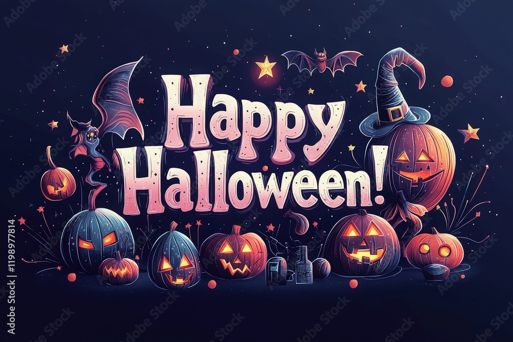 Brightly colored pumpkins with carved faces are arranged alongside bats and a witchs hat, creating a festive atmosphere for Halloween, complete with the cheerful greeting for the holiday.