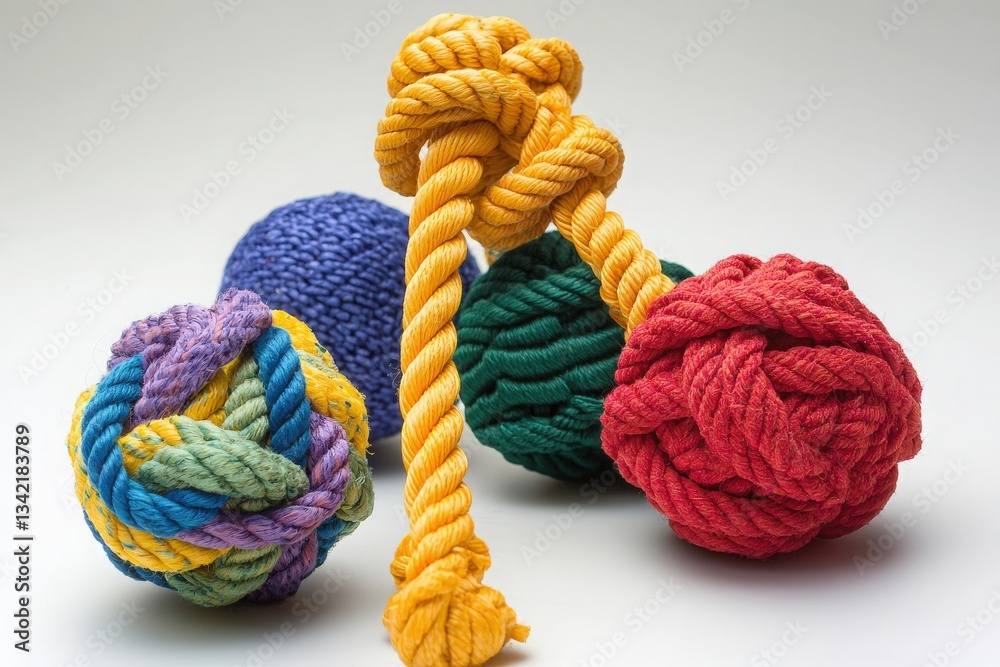 Brightly colored rope balls in various shapes are stacked together on a smooth surface. These tactile objects are perfect for play and interactive games, inviting creativity and fun.