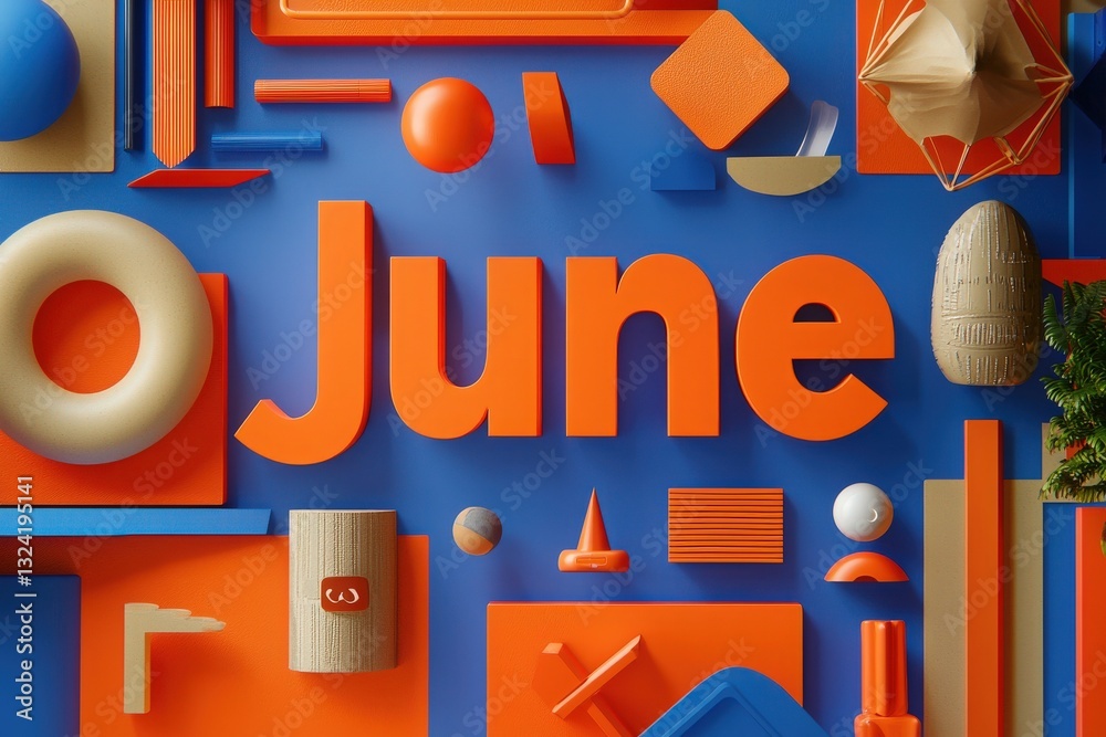 Brightly colored shapes and textures form an artistic display, highlighting the word June prominently. The background is a bold blue, enhancing the warm orange accents throughout the arrangement.
