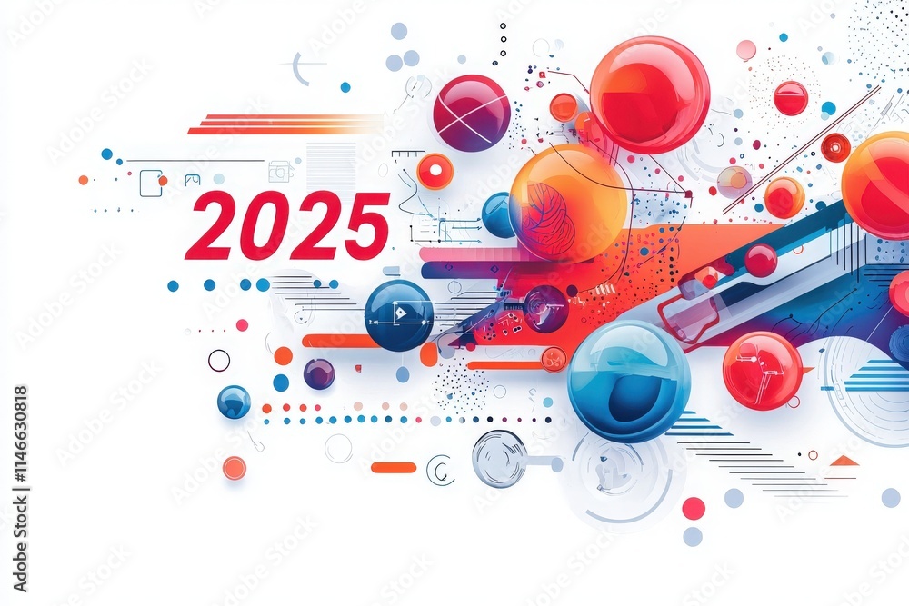 Brightly colored spheres and geometric shapes combine to symbolize the year 2025, showcasing a modern and abstract artistic style. This design emphasizes creativity and forward-thinking.