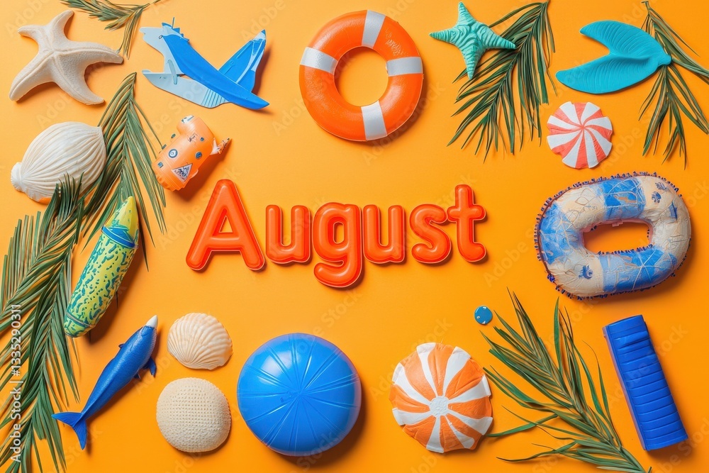 Brightly colored summer items are arranged artistically on an orange background, featuring seashells, beach balls, and an inflatable ring.