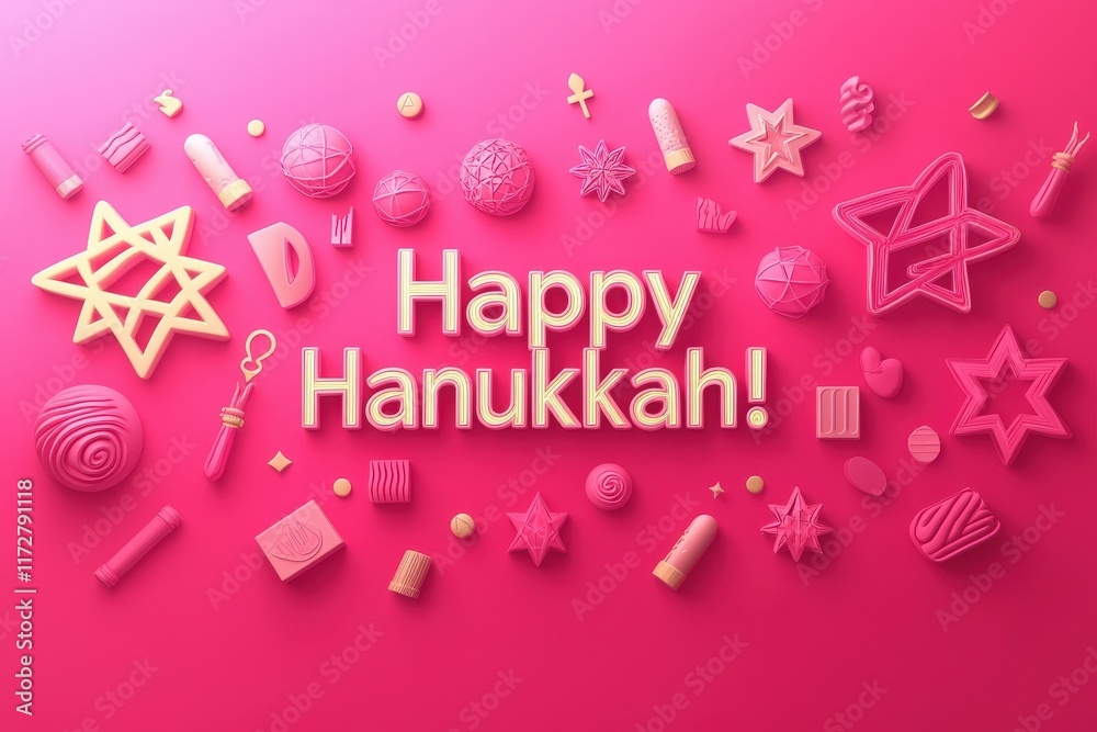 Brightly colored symbols and decorations related to Hanukkah are arranged on a pink background, conveying a joyful celebration. The words Happy Hanukkah! stand out prominently in the center.