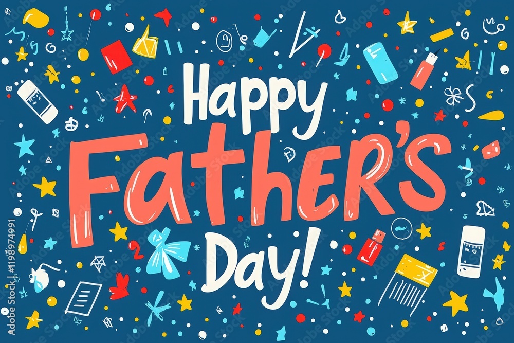 Brightly colored text and playful illustrations fill the background to celebrate Fathers Day. Various icons represent gifts and activities associated with honoring fathers and father figures.