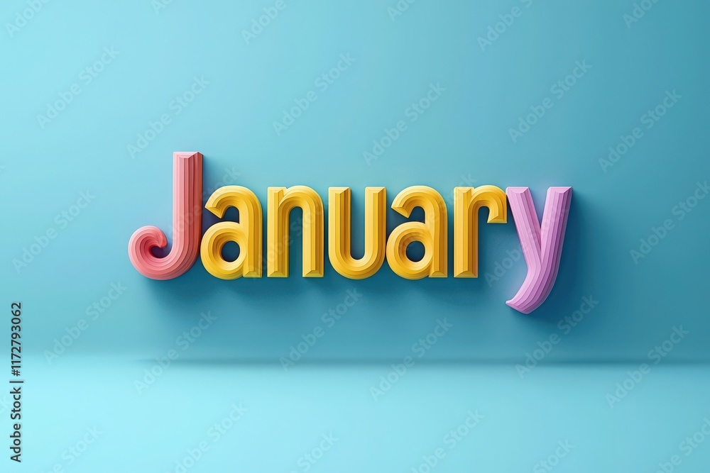 Brightly colored text forms the word January, featuring various styles and shades. The backdrop is a soft pastel color, creating a vibrant and cheerful atmosphere.