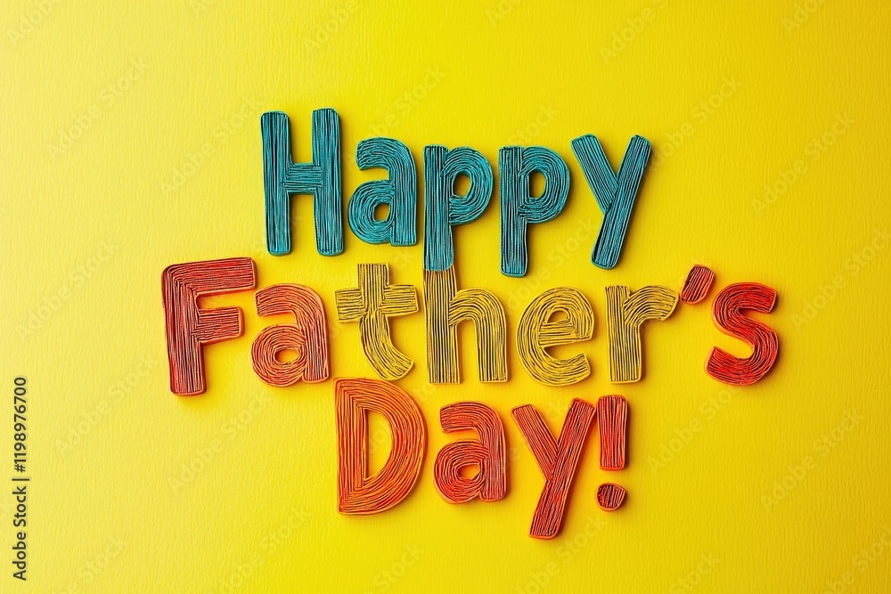 Brightly colored yarn letters spell out Happy Fathers Day against a vivid yellow background, creating a festive and cheerful greeting perfect for celebrating fathers and father figures.