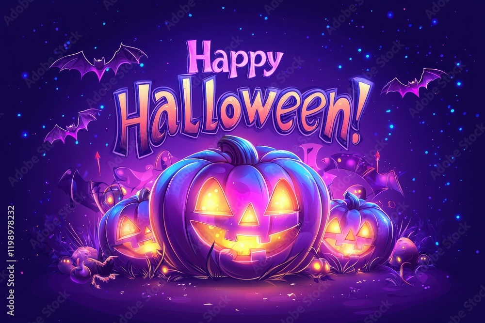 Brightly illuminated pumpkins with carved faces create a cheerful atmosphere for Halloween. Bats and stars enhance the festive feeling under a dark sky filled with excitement.