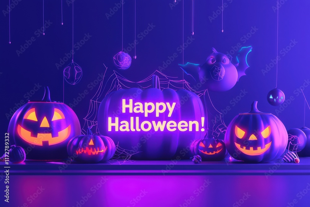 Brightly lit Halloween display features various carved pumpkins, glowing purple hues, and playful decorations, creating a festive ambiance for the holiday celebration.