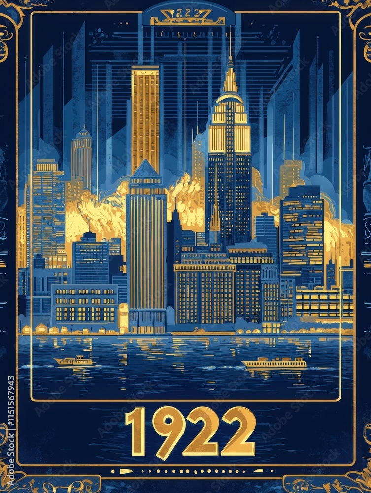 Brightly lit New York City skyline showcases historic skyscrapers and boats on the water under a starry sky, capturing the vibrant essence of the year 1922.