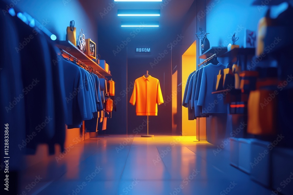 Brightly lit clothing store features a striking orange garment on display, surrounded by neatly arranged apparel. The modern ambiance highlights a stylish shopping experience.