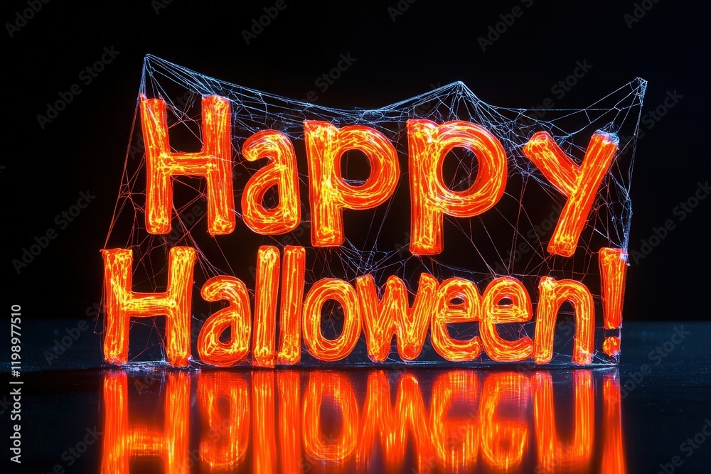 Brightly lit letters spell out a Halloween message against a dark background, enhanced by spiderwebs. This festive display captures the spirit of Halloween, creating an inviting atmosphere.