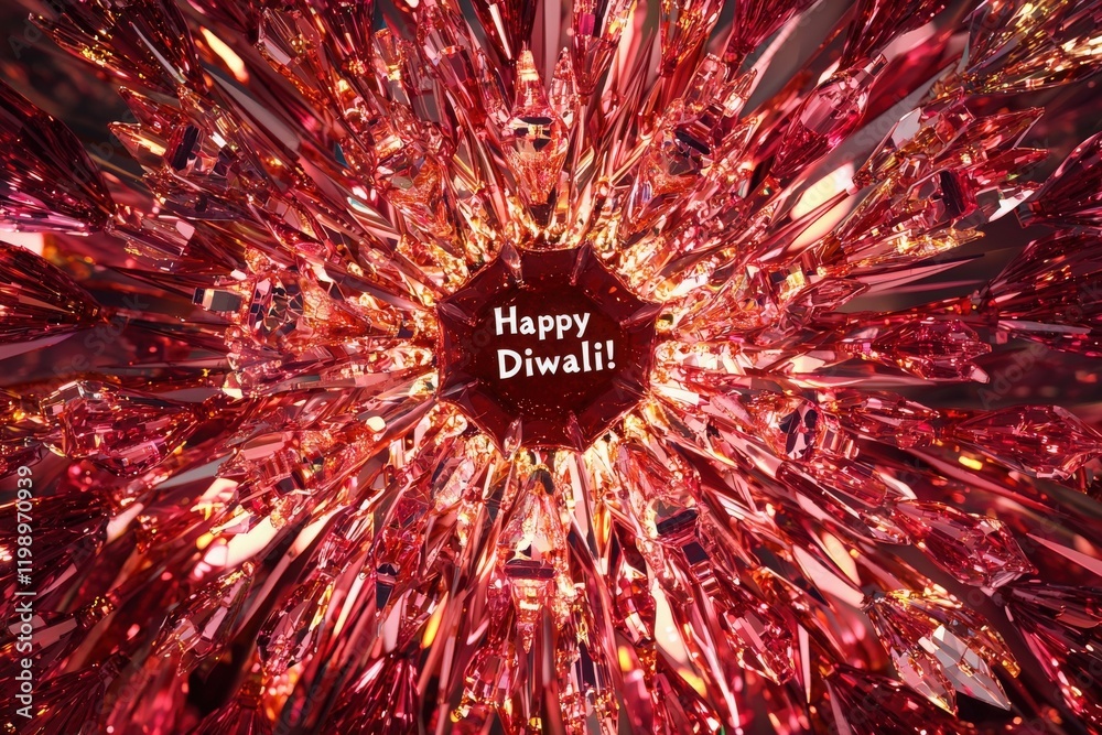 Bursting with vibrant colors, this festive display features sparkling crystals radiating light. The words Happy Diwali are central, embodying joy and celebration during the festival.