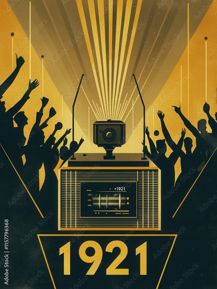 Celebrating the year 1921, a lively crowd gathers around a vintage radio, showcasing their excitement for broadcast entertainment while sound waves radiate from the device.