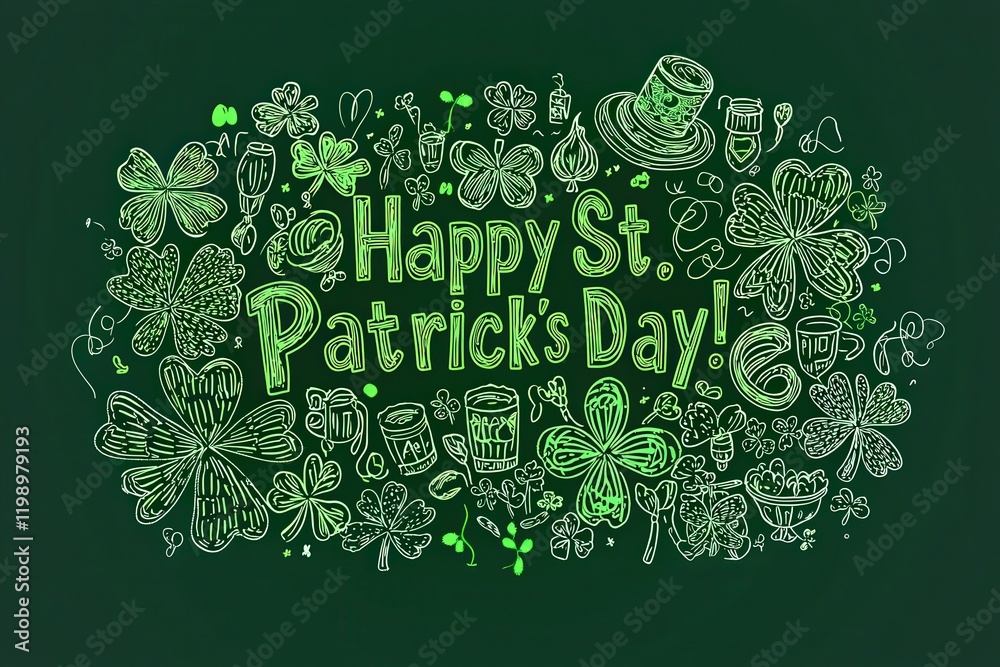 Celebration of St Patricks Day displayed with various green designs including clovers, hats, and drinks. The festive atmosphere is enhanced by handwritten text and cheerful illustrations.