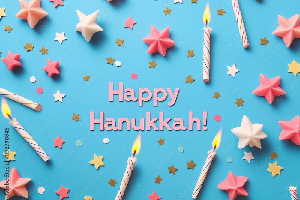 Celebratory elements feature colorful star shapes, candles, and confetti on a blue background, conveying the joy of Hanukkah with vibrant decor and warm lights.