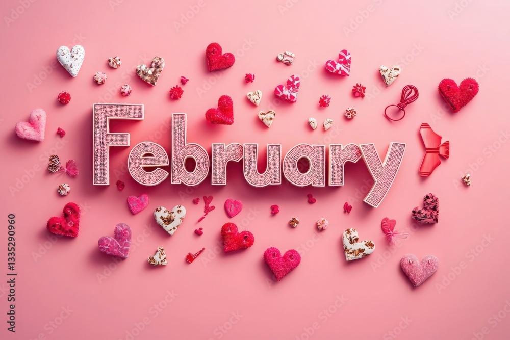 Cheerful arrangement of fabric and paper hearts in red and pink hues surrounding the word February. The playful display invites warmth and joy, perfect for celebrating love during this month.