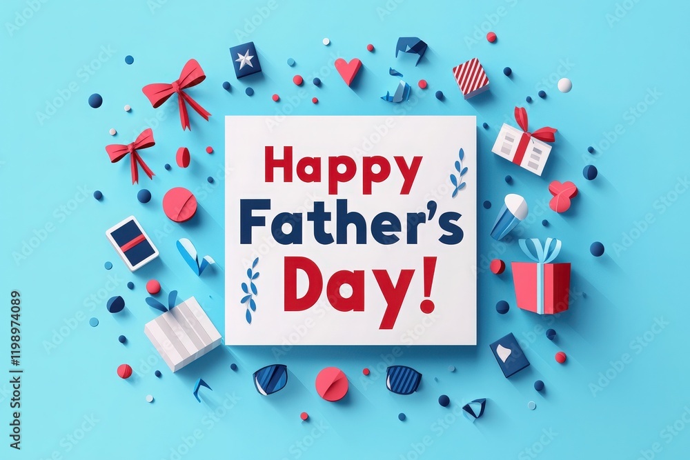Cheerful decorations are arranged on a blue background, featuring gifts, bows, and hearts. A central card reads Happy Fathers Day, creating a festive atmosphere for this joyful celebration.