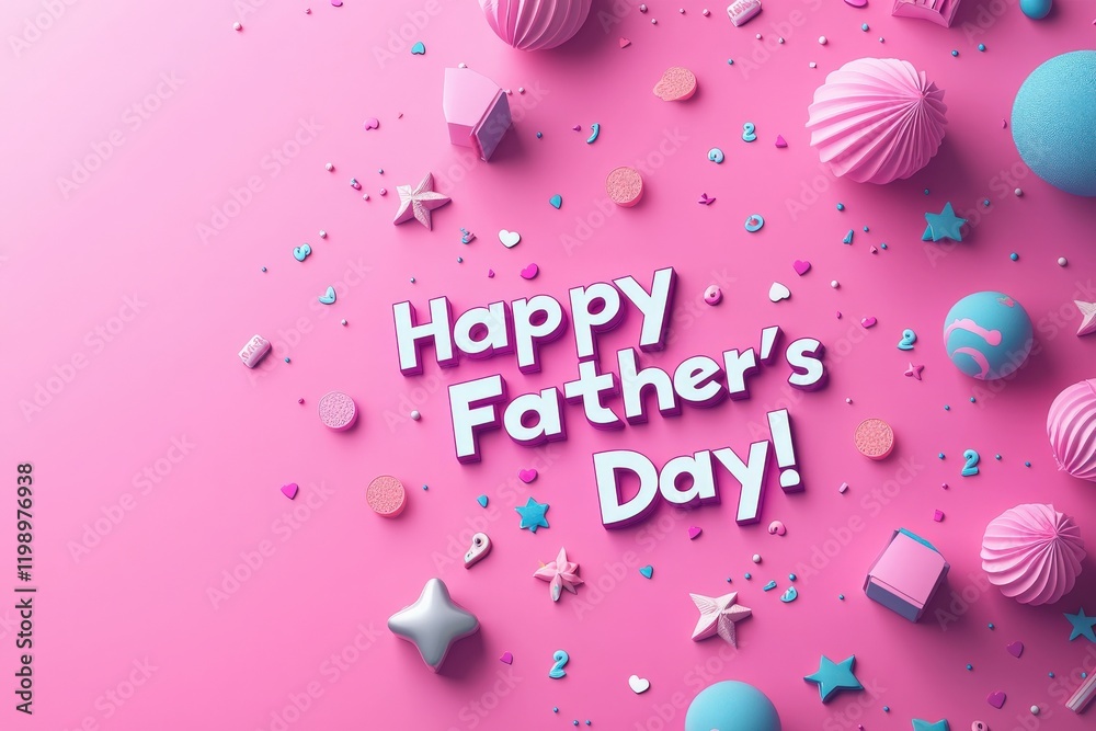 Cheerful decorations in pastel hues surround a bold greeting wishing Happy Fathers Day. This festive display features playful shapes and a decorative arrangement perfect for celebrating dads.